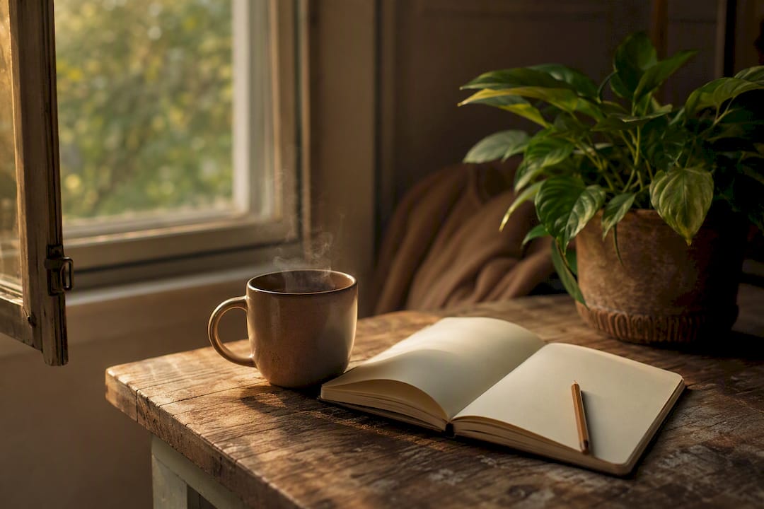 Mug, journal and plant in home therapy setup
