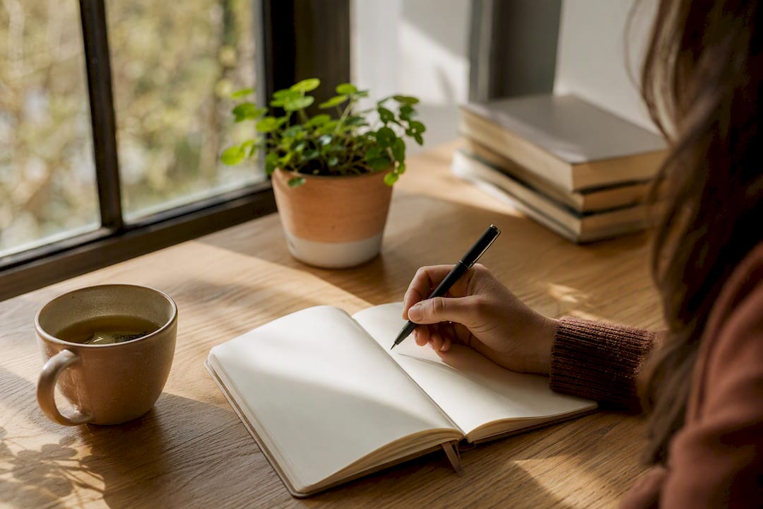 Hand poised to write in journal with tea and plant