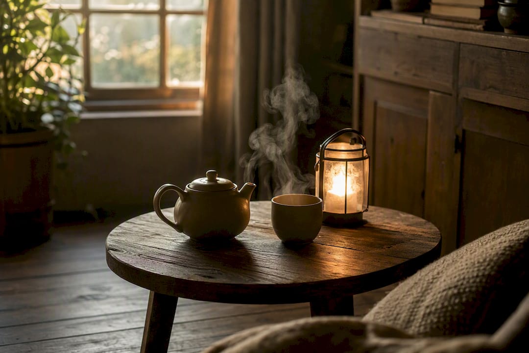 Teapot pouring steam in calm interior