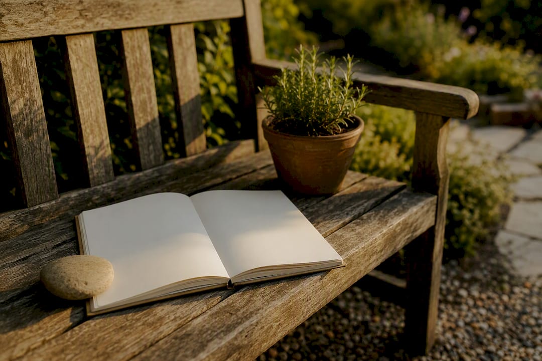 Table with journal, pen, tea, and dried flowers