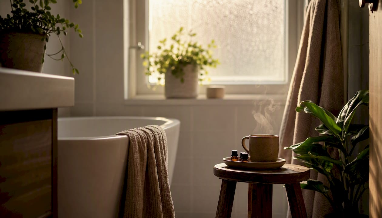 Cozy home corner with tea and candlelight