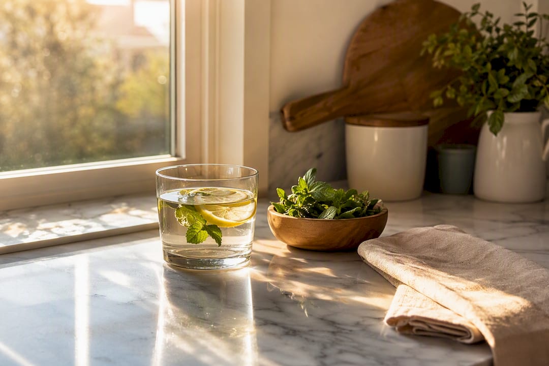Bowl of fruit and glass of water on wood counter