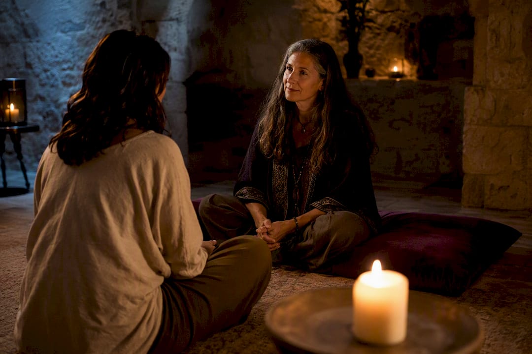 Spiritual mentor listening beside reflective seeker
