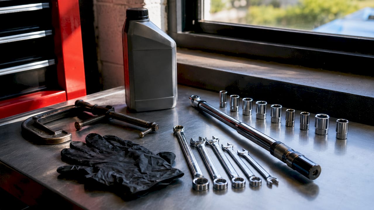 Essential brake installation tools on workbench