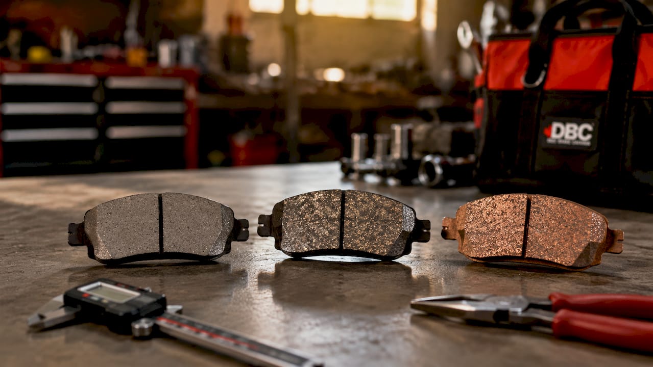 Three brake pad types on workshop bench