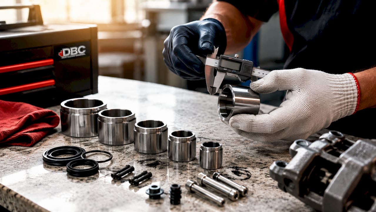 Hands measuring brake caliper pistons
