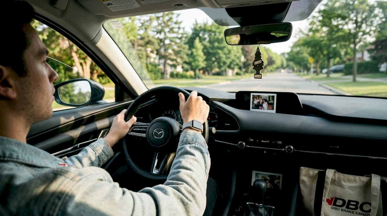 Driver rolling vehicle attentively listening brakes