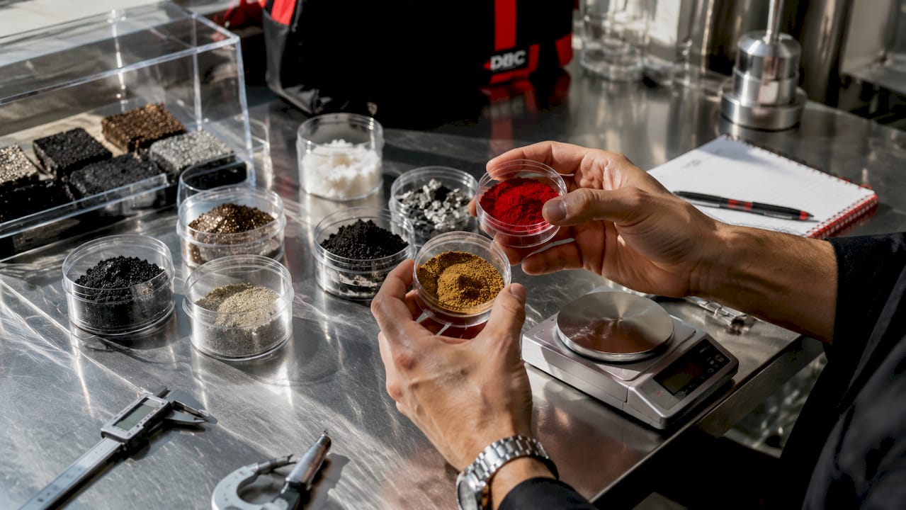 Hands comparing brake compound materials samples