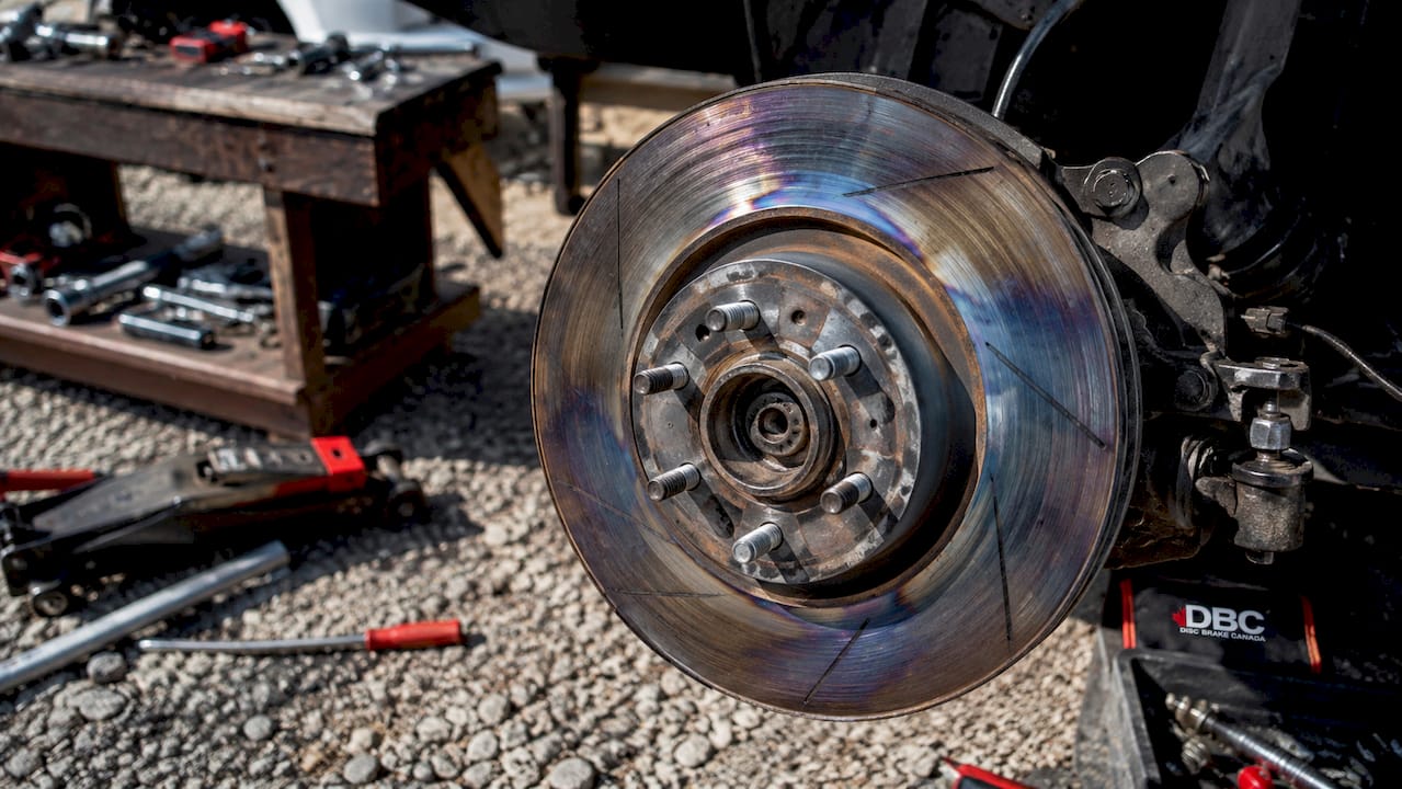 Close-up of brake rotor heat stress discoloration
