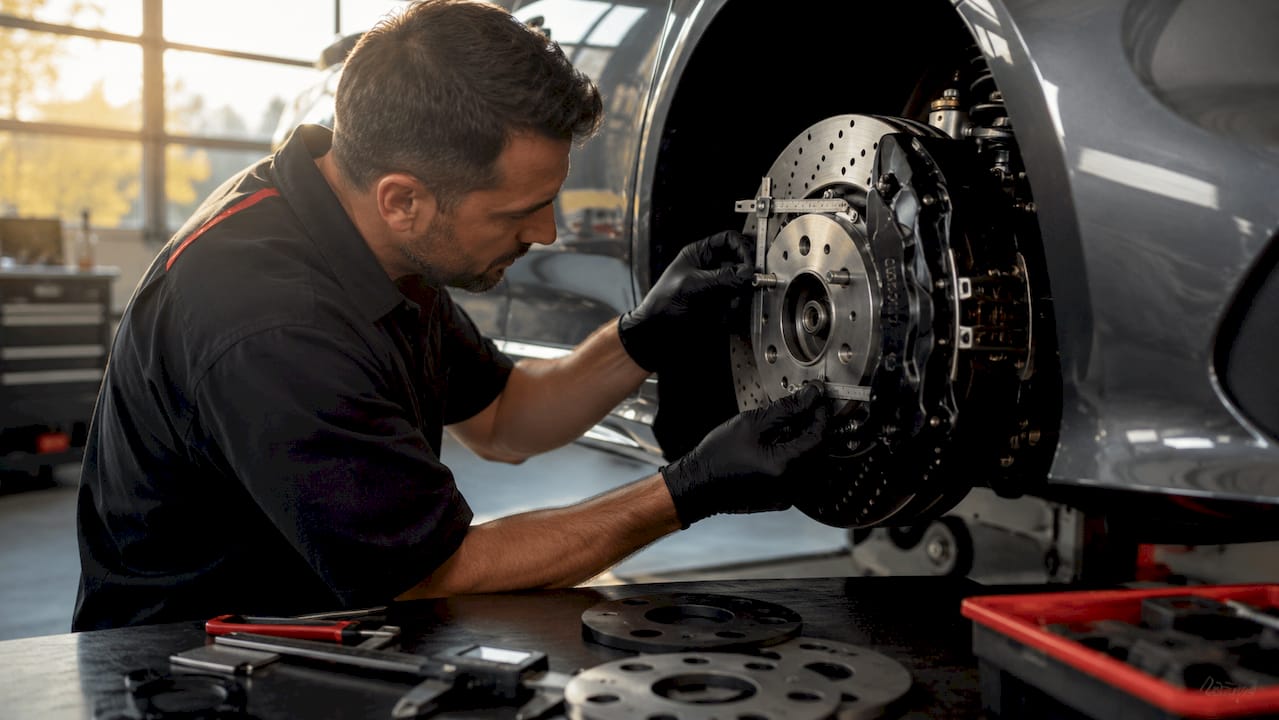 Technician measuring wheel clearance near brake caliper