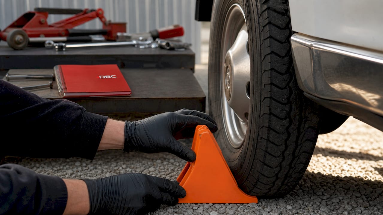 Hands placing wheel chocks beside parked SUV