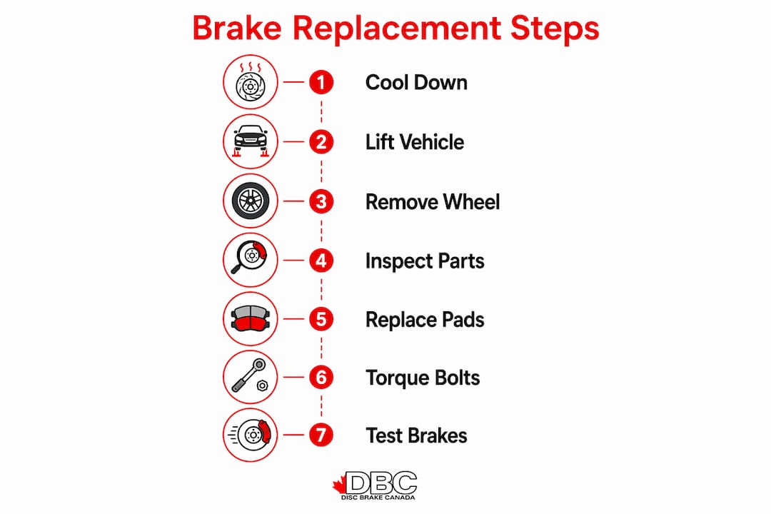Infographic showing brake replacement step-by-step checklist