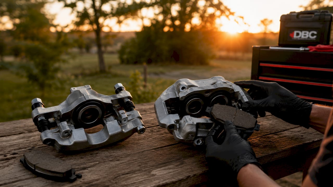 Side-by-side floating and fixed brake calipers on bench