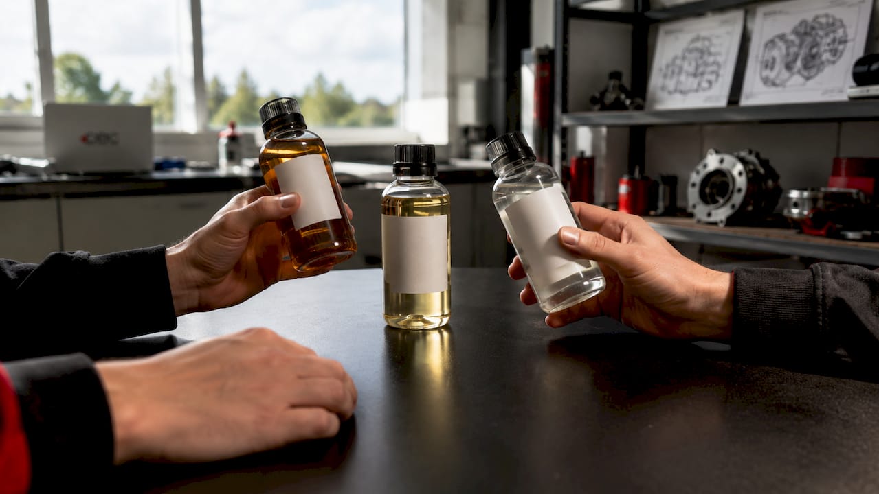 Hands comparing various brake fluid bottles in garage