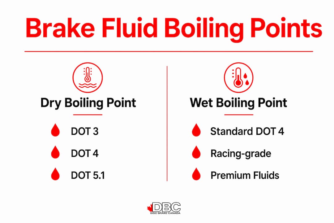 Infographic comparing dry and wet boiling points of brake fluids