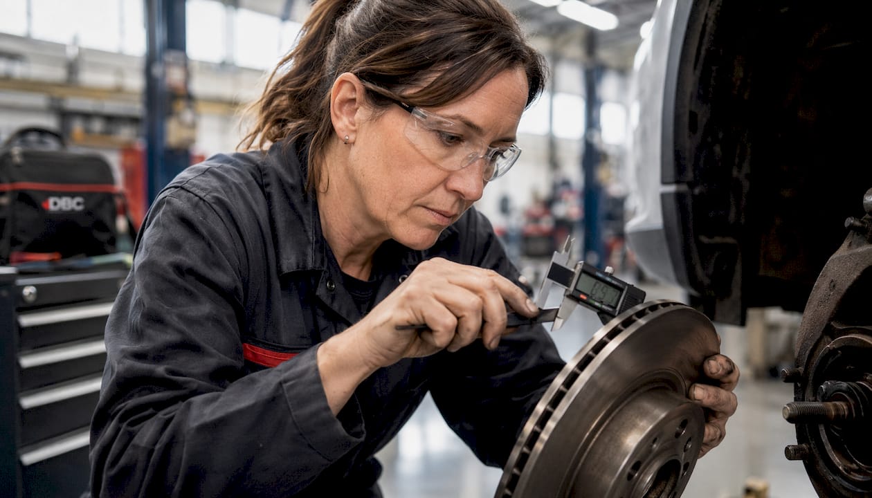 Mechanic checking rotor fitment with caliper