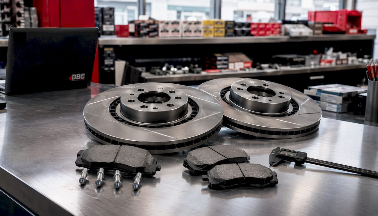 Overhead view of brake kit parts on workbench