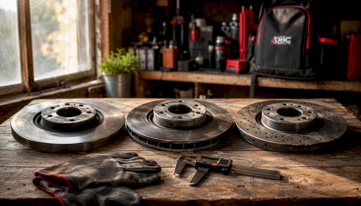 Overhead view of three types of brake discs
