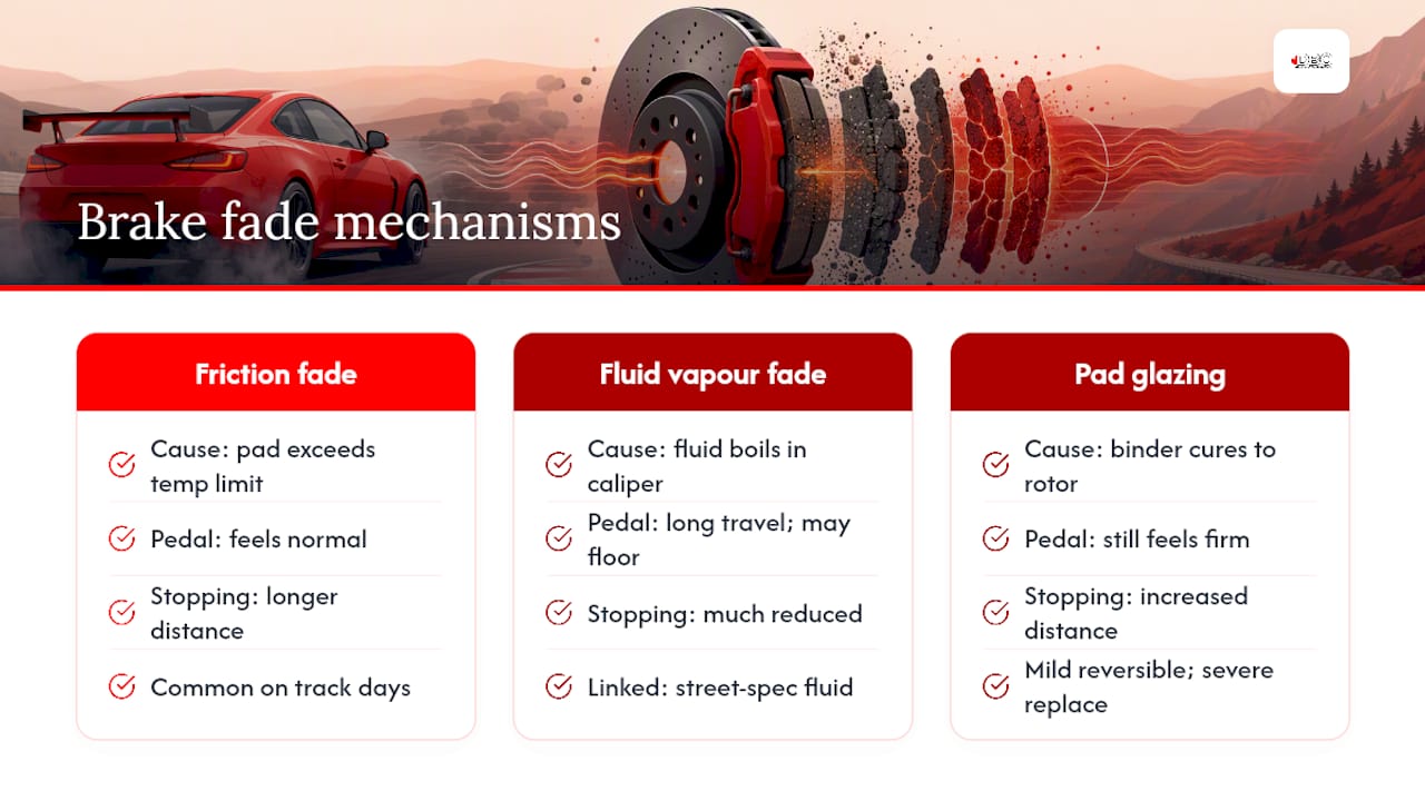 Diagram comparing brake fade types and their impact