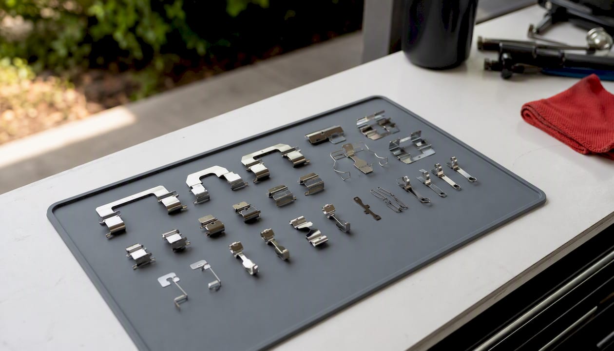 Various types of brake pad clips on workbench