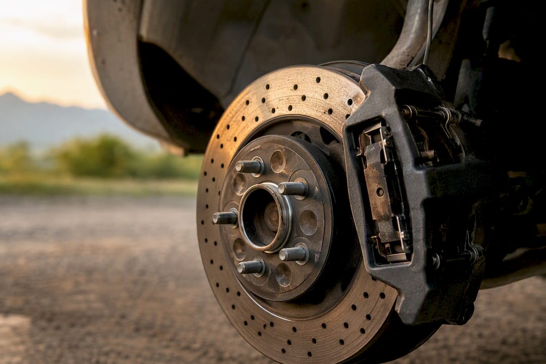 Brake caliper clamped on rotor close-up