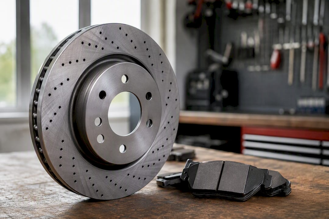 Close-up of cross-drilled brake rotor and pads