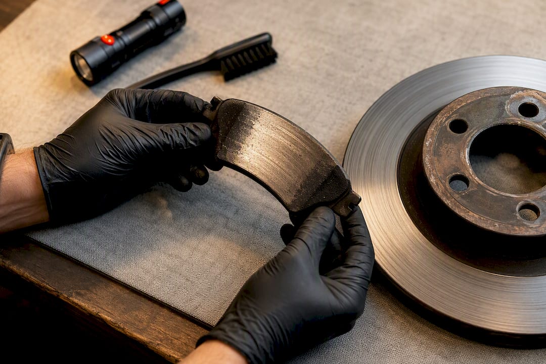 Uneven brake pad wear being inspected