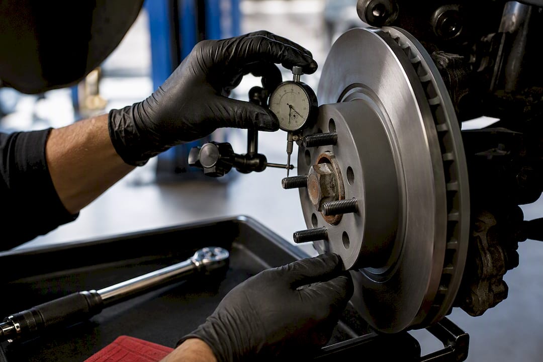 Technician checking brake rotor runout