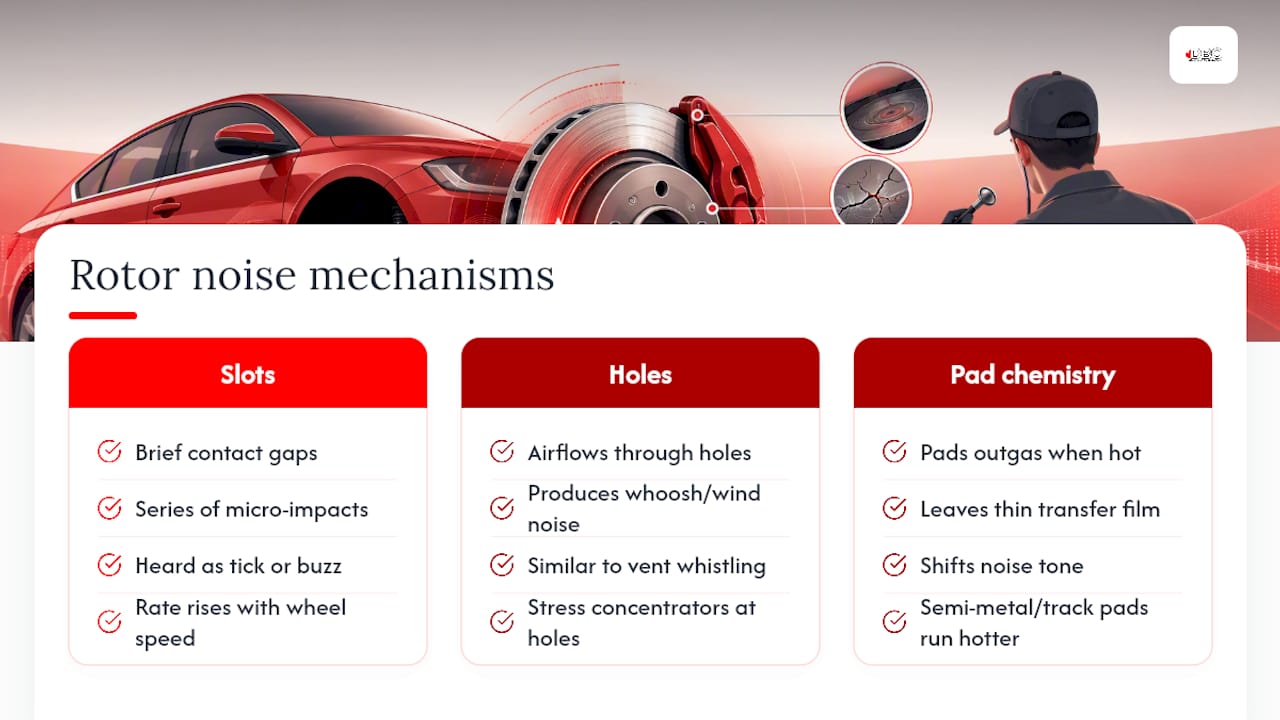 How drilled and slotted rotors create noise