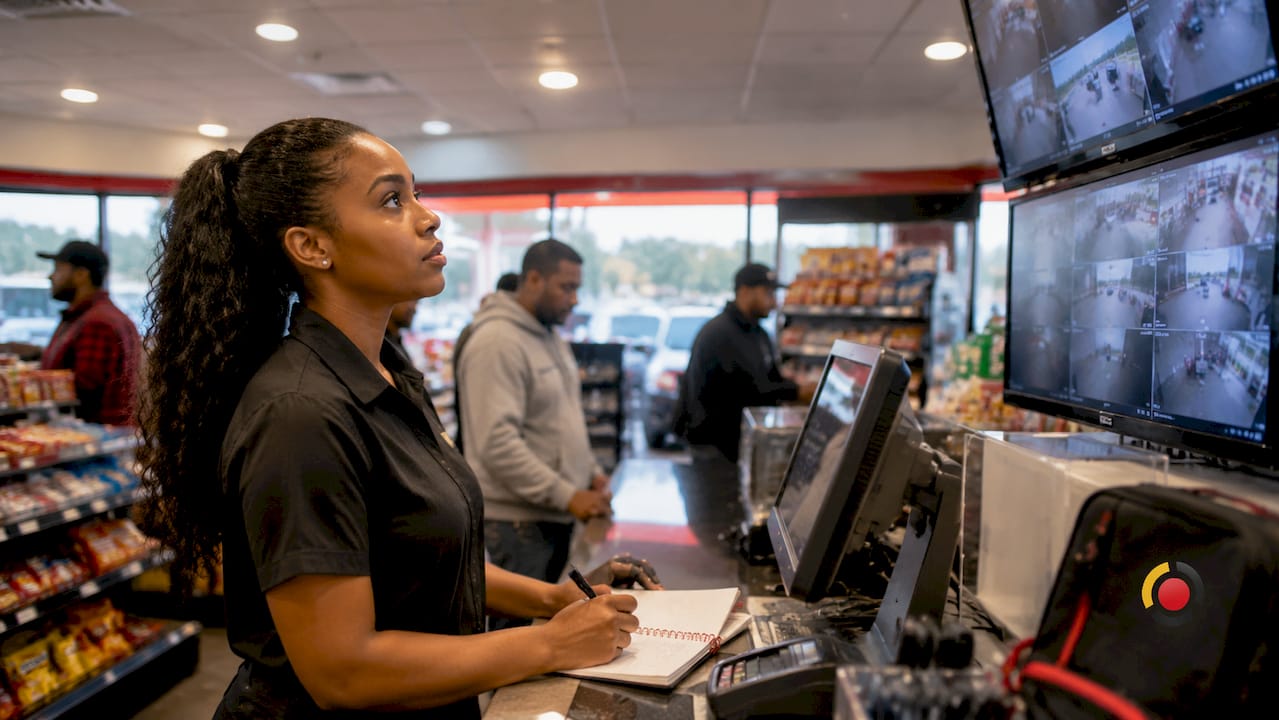 Gas station cashier monitoring fuel pump surveillance monitors