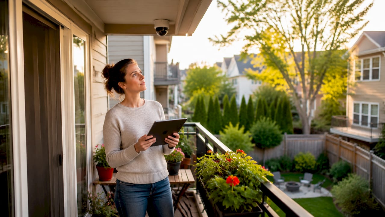 Homeowner deciding security camera placement in backyard