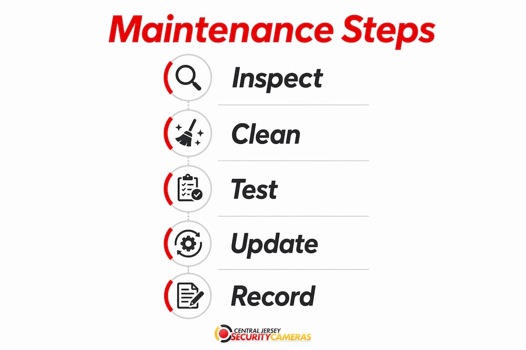 Infographic showing key security camera maintenance steps