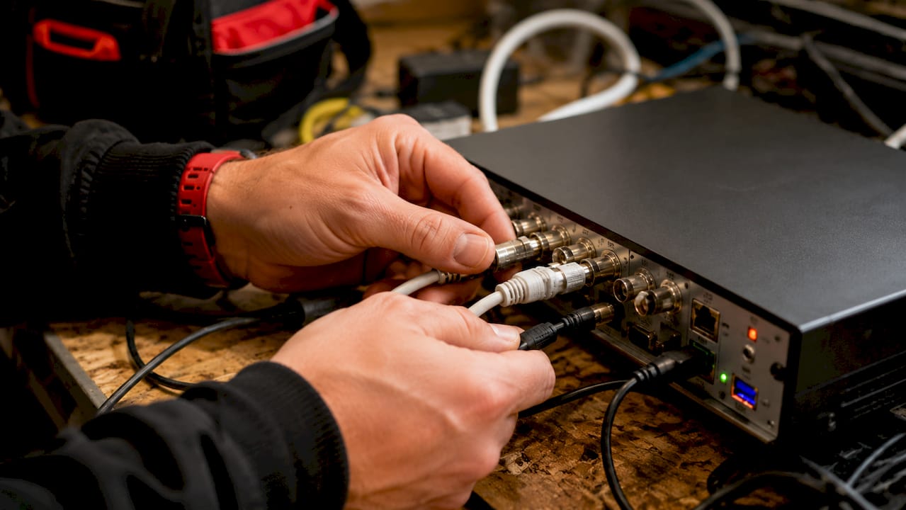 Technician connecting video surveillance cables