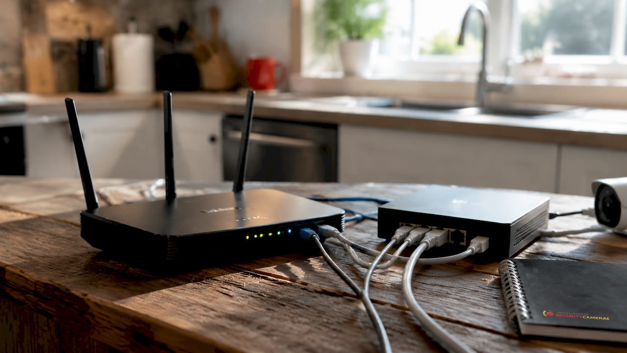 Router with cables managing IP camera traffic