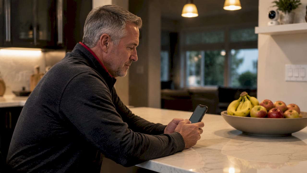 Elderly man at home with security camera