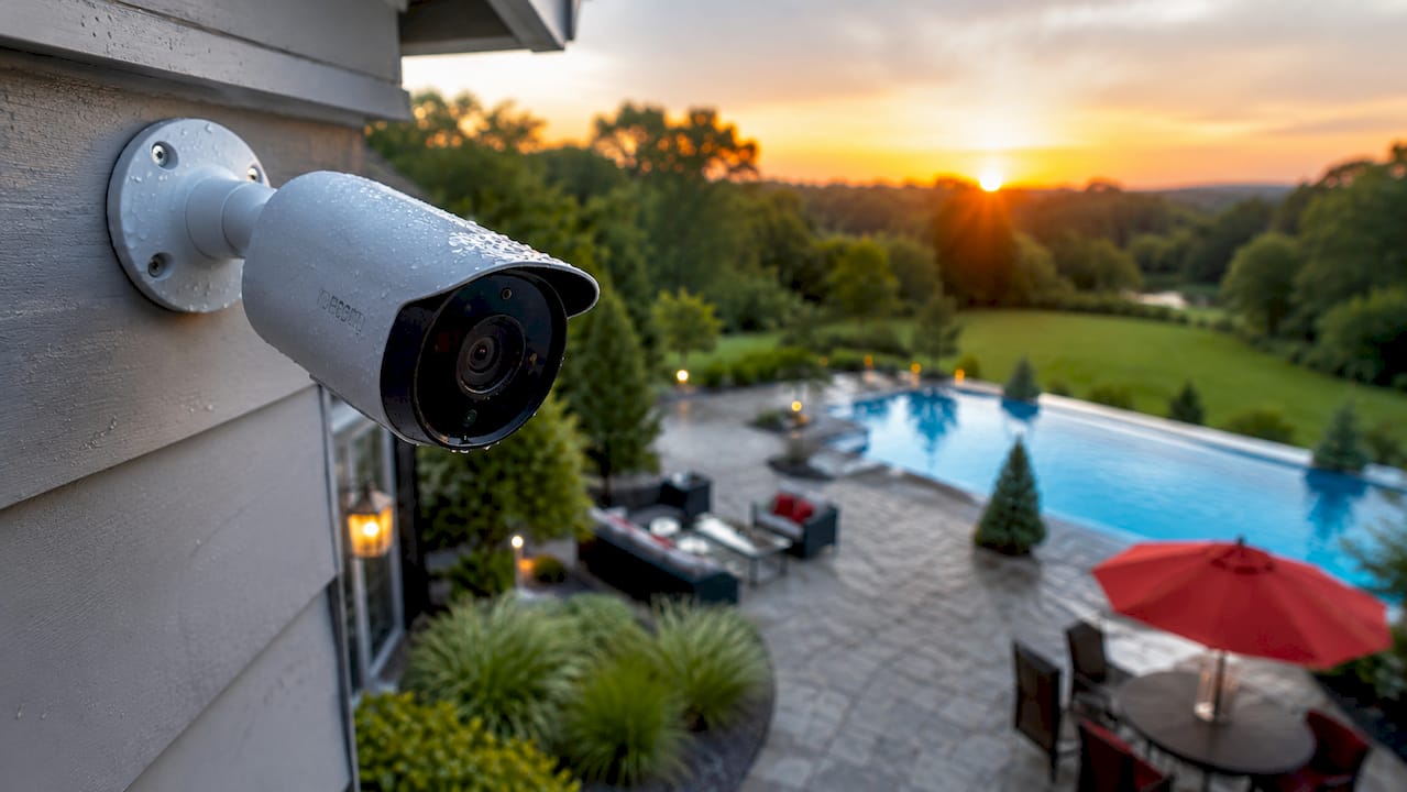 Outdoor security camera by poolside