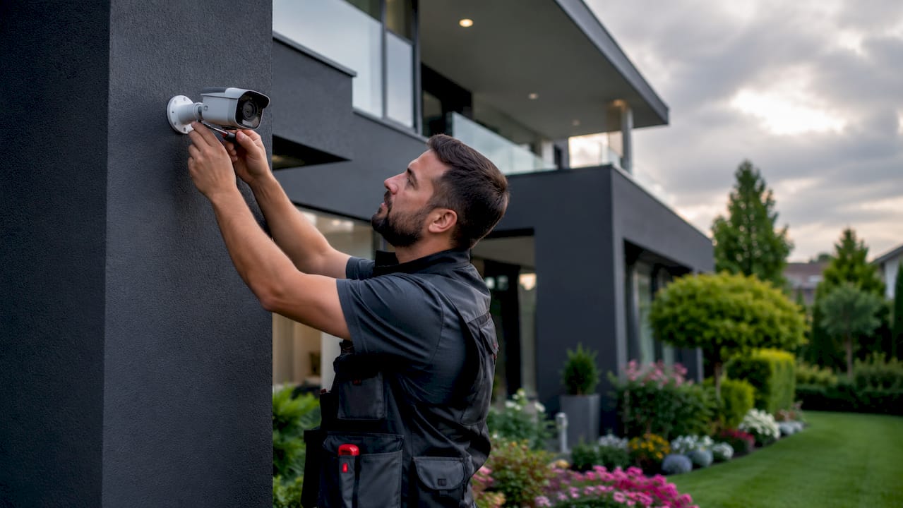Technician installing security camera on multi-story home