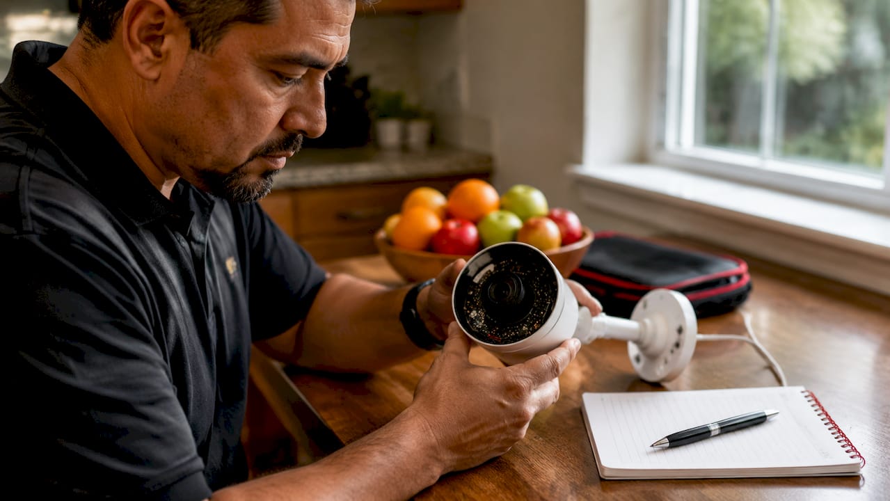 Man inspecting IP camera hardware for vulnerabilities