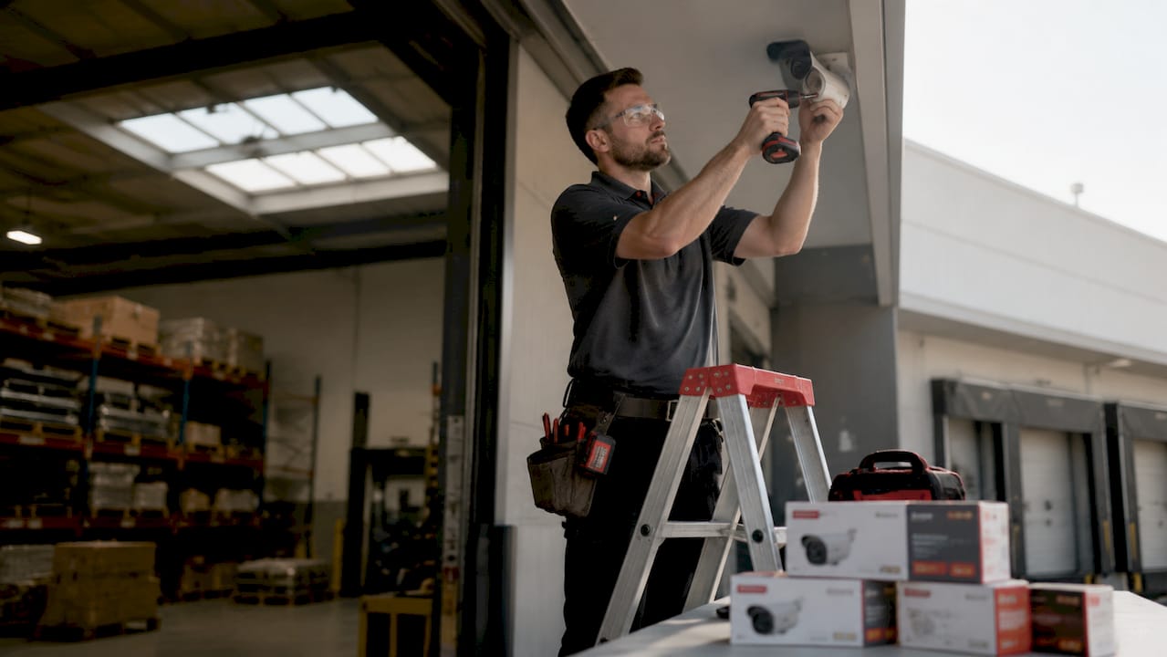 Installer mounting fixed camera at warehouse entrance