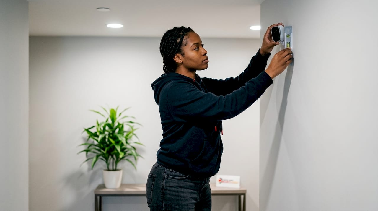 Hands adjusting indoor condo security camera