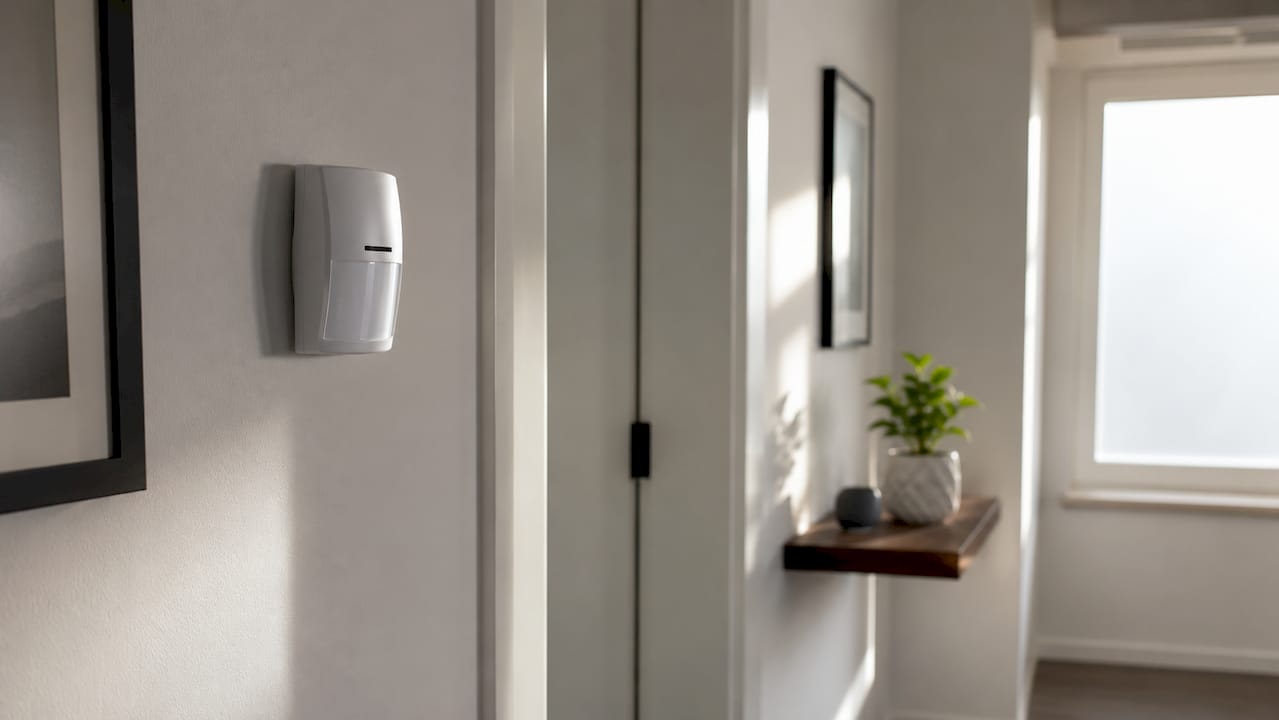 Close-up of home security sensor and Wi-Fi router