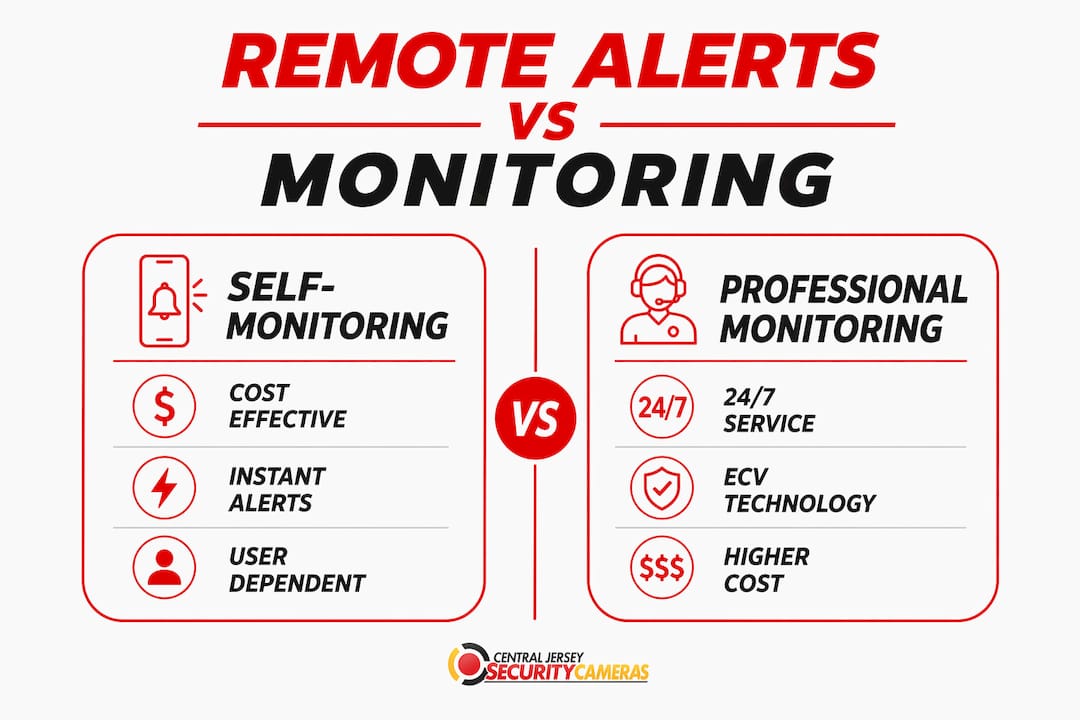Infographic comparing remote alerts and professional monitoring