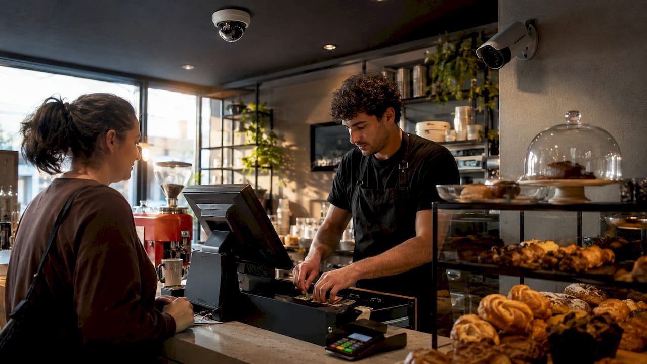 Overhead and side security cameras over cash register