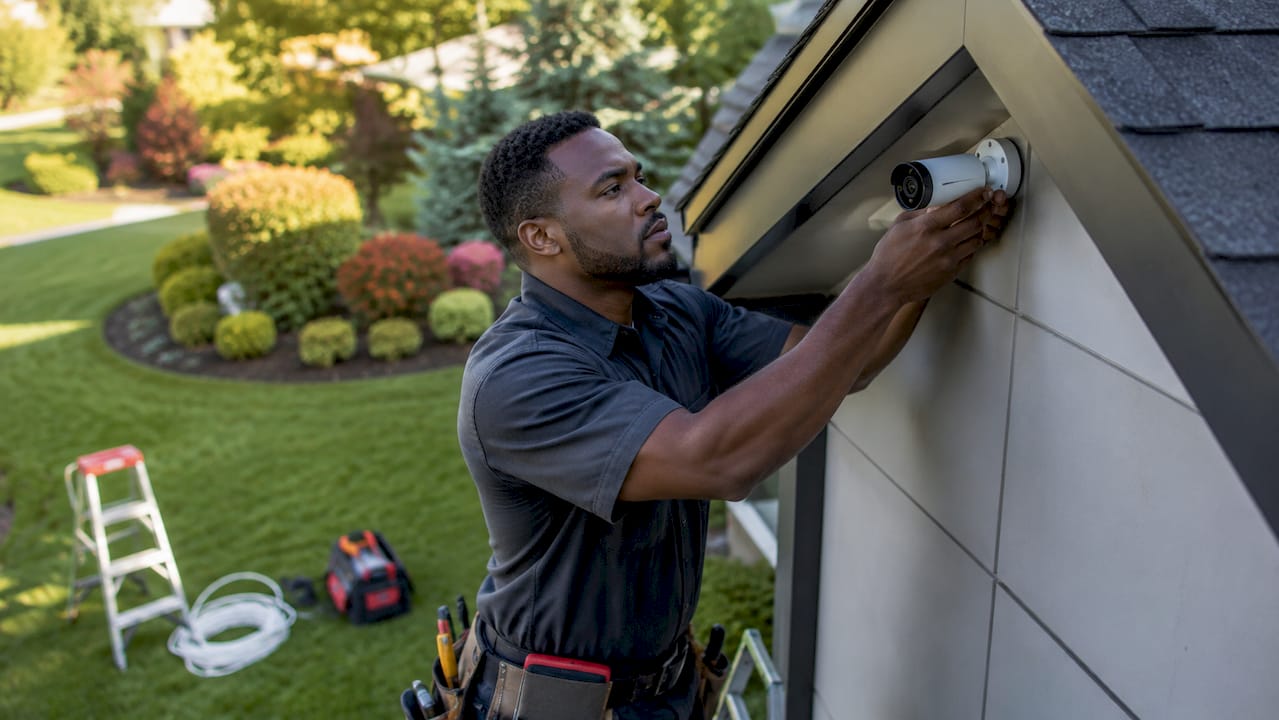 Technician installing outdoor security camera