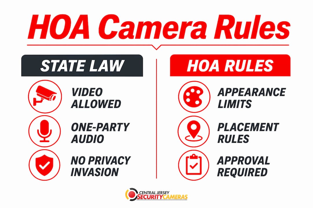 Infographic comparing state law and HOA camera rules