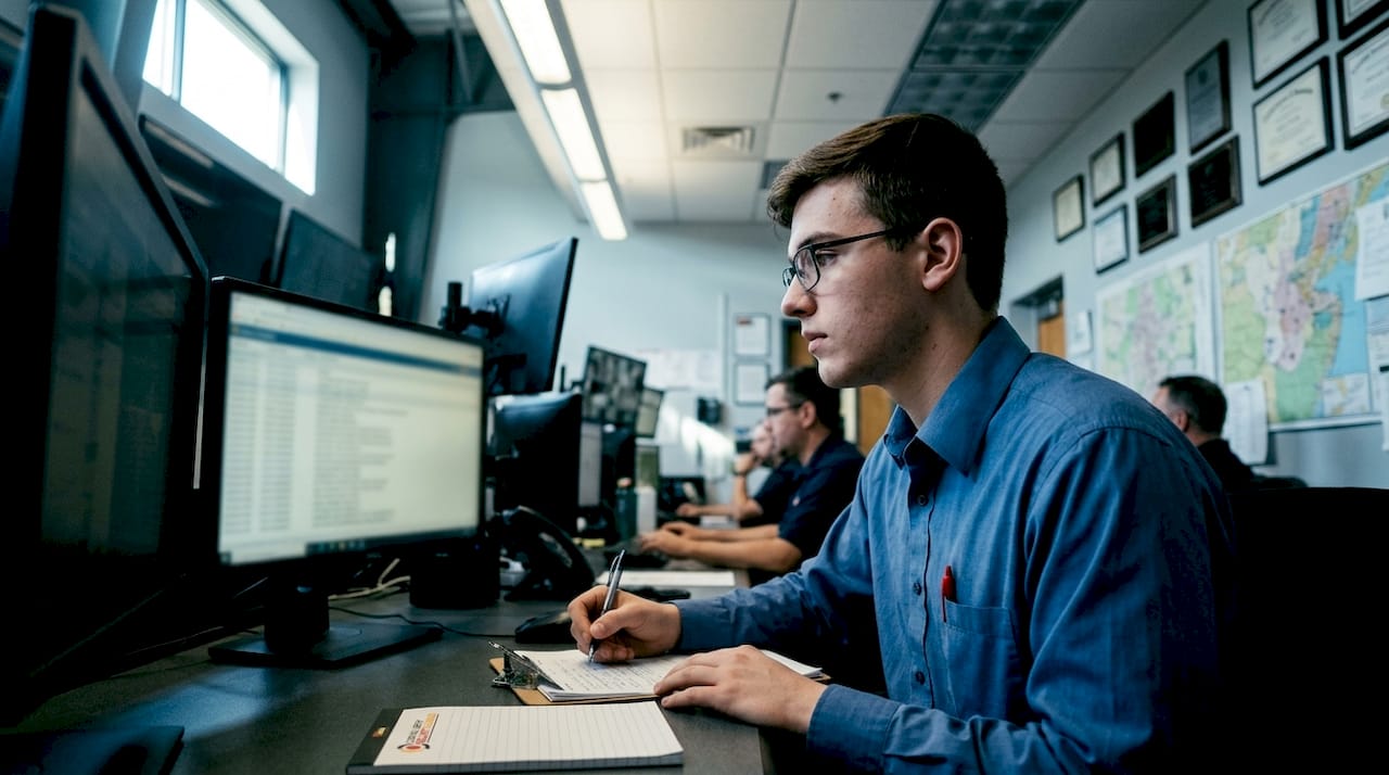 Technician verifying security alarms by phone