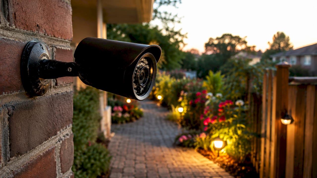 Close-up of eye-level surveillance camera outdoors