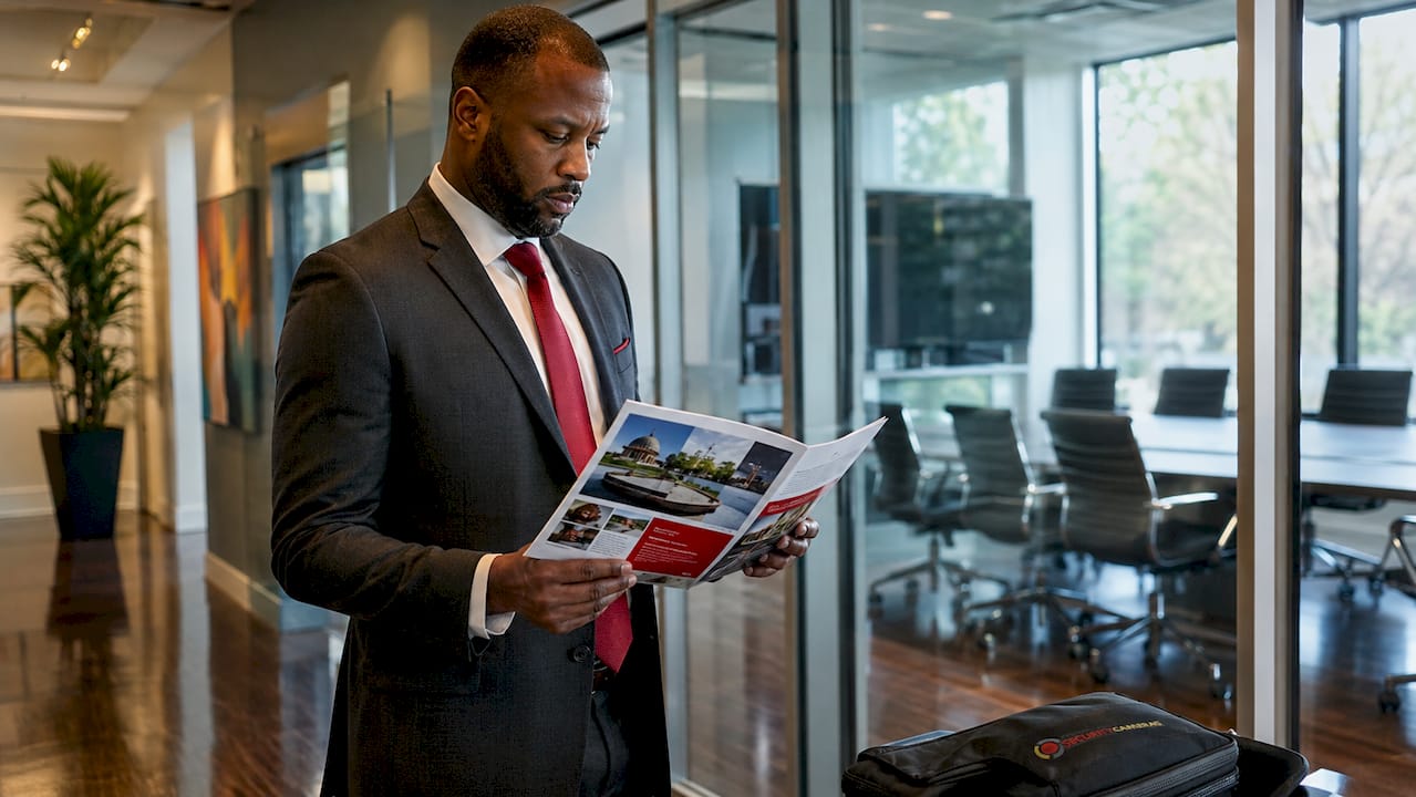 Man reviewing Edison NJ government brochures indoors