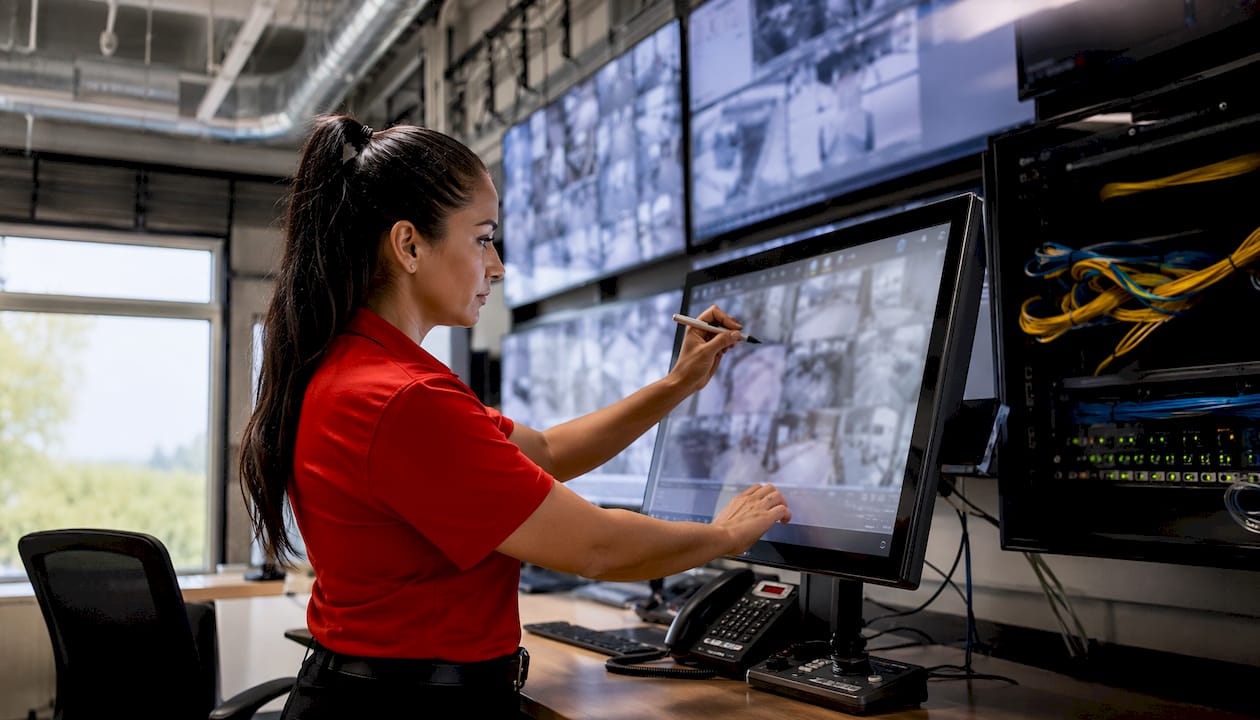 Security technician adjusting monitoring equipment