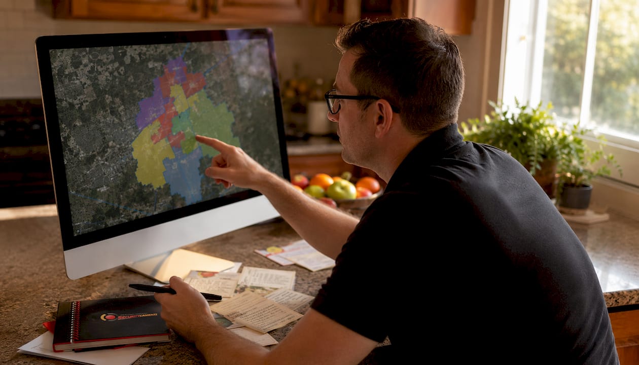 Man analyzing Freehold NJ municipal map on computer
